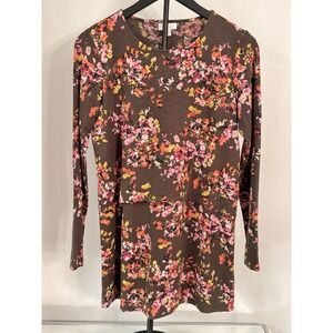 J.Jill Floral Long Sleeve Tunic Top Brown Pink Yellow Soft‎ Stretch Knit XS